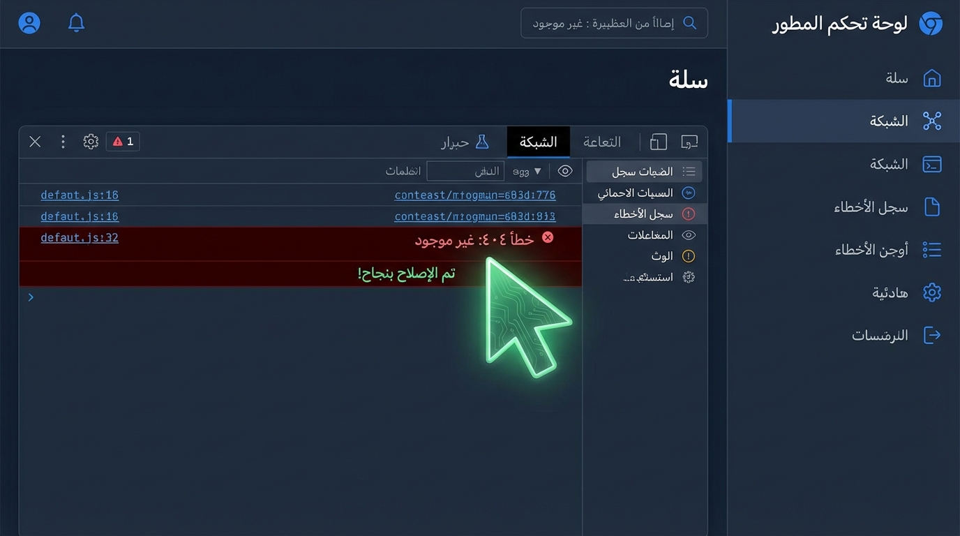 صورة لشاشة لوحة تحكم المطور في متصفح كروم تعرض أخطاء جافا سكريبت تشمل رسالة 'خطأ 404: غير موجود' باللون الأحمر ونص 'تم الإصلاح بنجاح!' باللون الأخضر، مع قوائم جانبية تحمل تسميات مثل الشبكة، سجل الأخطاء، أوجن الأخطاء، هادئة، والرسوم البيانية.