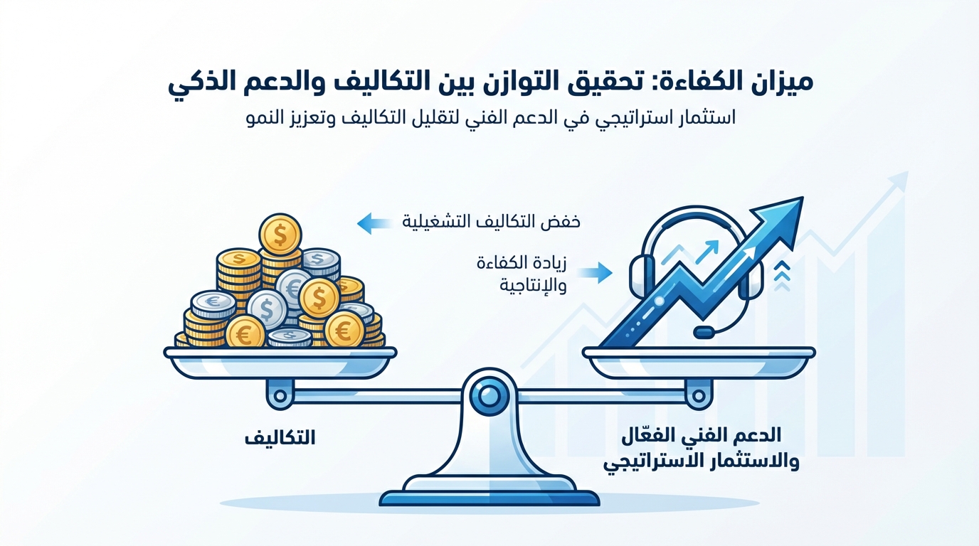رسم توضيحي لميزان يوازن بين العملات المعدنية على جهة التكاليف ورسم بياني تصاعدي مع سماعة هاتف على جهة الدعم الفني الفعال والاستثمار الاستراتيجي. يظهر النص تحقيق التوازن بين التكاليف والدعم الذكي مع استثمار استراتيجي في الدعم الفني لتقليل التكاليف وتعزيز النمو في التجارة الإلكترونية.