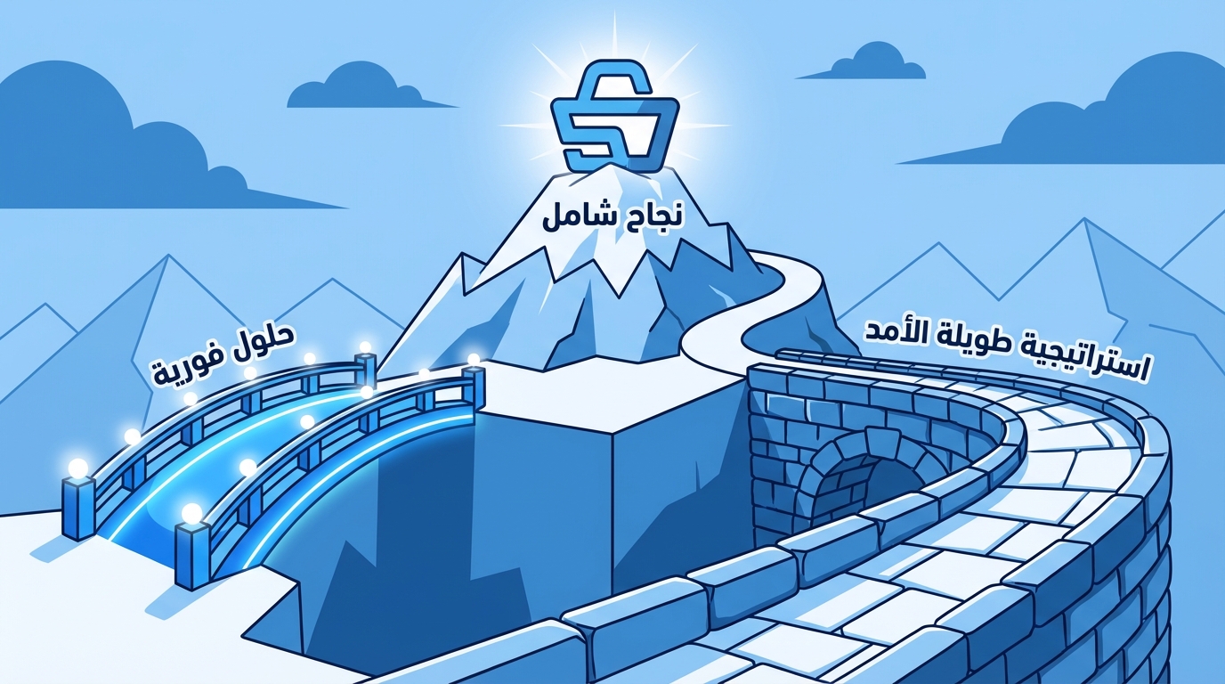 رسم توضيحي يبين جبلًا مكتوبًا عليه 'نجاح شامل' وشعار متجر سلة في قمته، مع طريقين يصلان إلى قمة الجبل، أحدهما جسر صغير مكتوب عليه 'حلول فورية' والآخر طريق حجري طويل مكتوب عليه 'استراتيجية طويلة الأمد'.