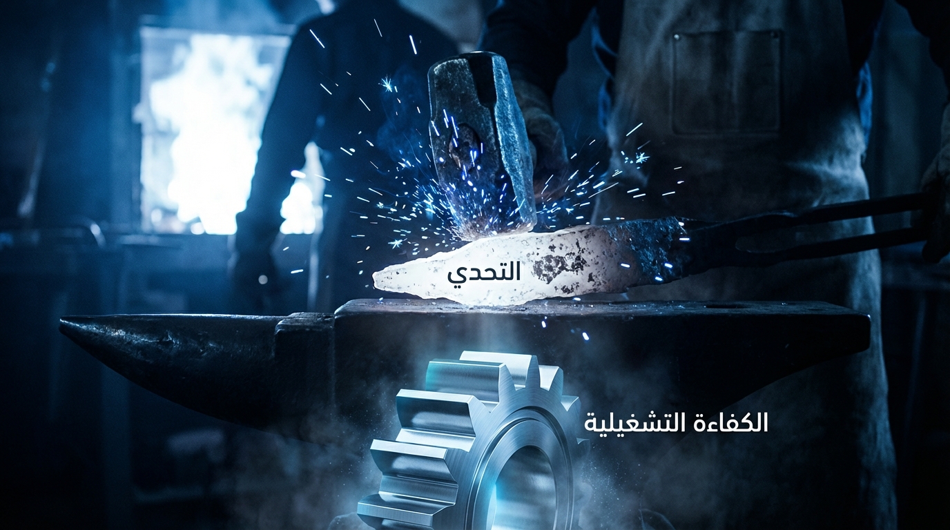 صورة لحرفي يعمل على تشكيل قطعة معدنية ساخنة مكتوب عليها 'التحدي' بمطرقة على سندان، ويوجد تروس معدنية تحته مكتوب عليها 'الكفاءة التشغيلية'.