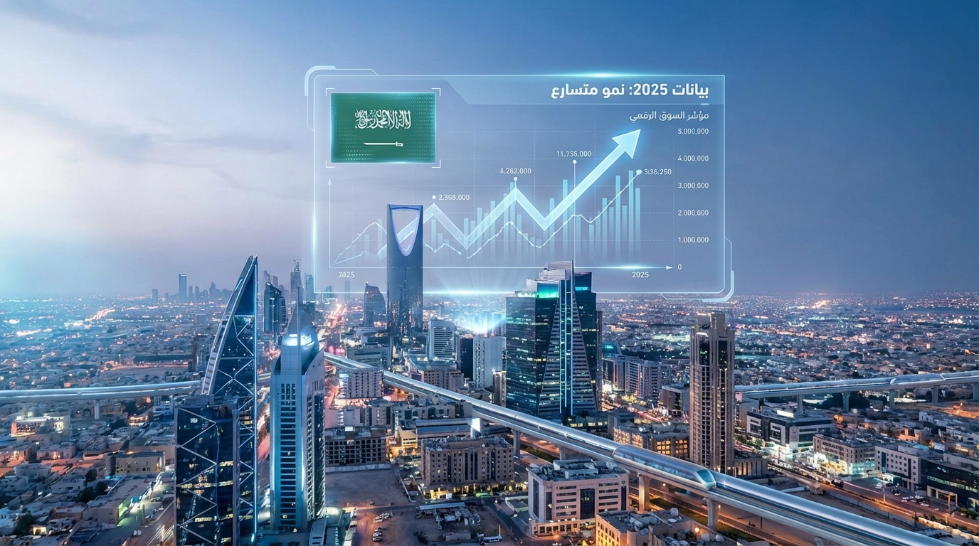 صورة لمدينة سعودية في وقت الغروب مع إبراز بياني شفّاف يحتوي على العلم السعودي ورسوم بيانية تظهر نمو السوق الرقمي في عام 2025 مع أرقام وإعدادات متزايدة.