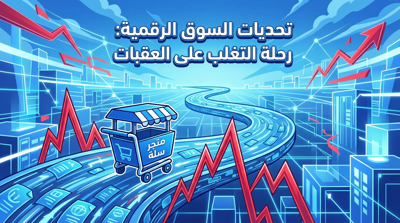 رسم توضيحي لمتجر إلكتروني على شكل عربة تسوق تتحرك على طريق رقمي مليء بأيقونات تمثل التجارة الإلكترونية، وخطوط بيانية حمراء متذبذبة تظهر تحديات السوق الرقمي في بيئة مستقبلية حضرية بتقنيات رقمية متقدمة. النص المكتوب باللغة العربية يوضح تحديات السوق الرقمية ورحلة التغلب على العقبات.