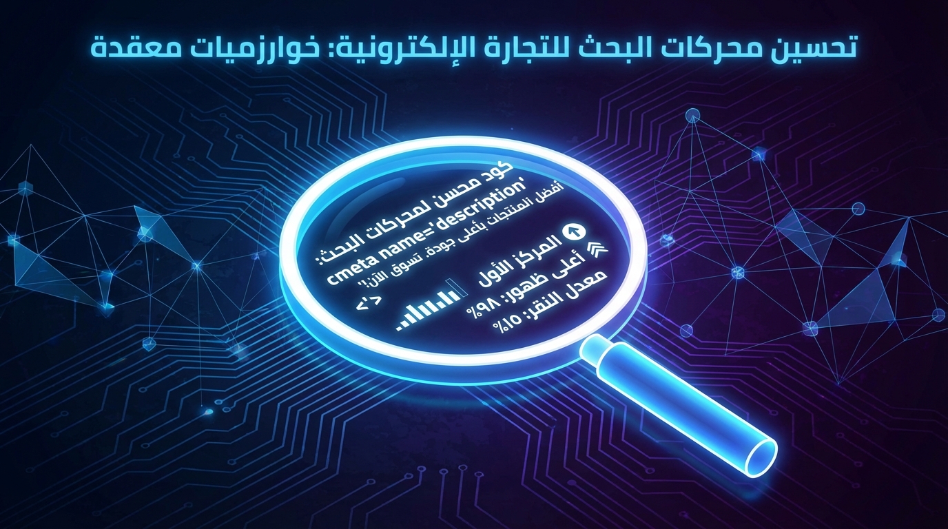 صورة رقمية توضح مكبر بحث مضيء فوق خلفية داكنة بنمط تقني، النص داخل المكبر يتحدث عن تحسين محركات البحث باستخدام كود meta name=description مع ذكر نسب ظهور وتقرير وتحسن الجودة.