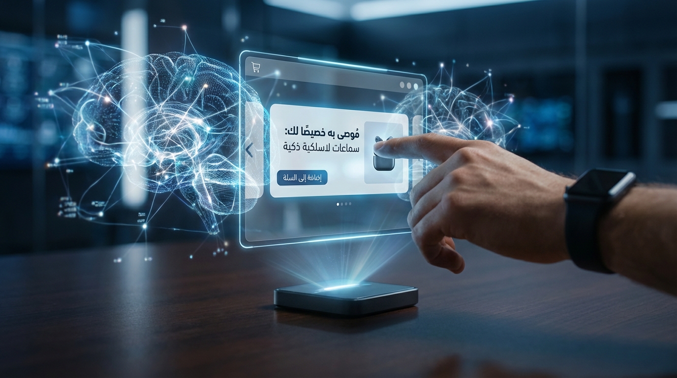 يد رجل ترتدي ساعة ذكية تلمس شاشة عرض هولوجرام ثلاثية الأبعاد تحتوي على واجهة متجر إلكتروني باللغة العربية تعرض سماعات لاسلكية ذكية مع زر إضافة إلى السلة، وخلف الشاشة تظهر رسومات ثلاثية الأبعاد لأدمغة مع وصلات تشبيكية مضيئة تعبر عن الذكاء الاصطناعي.