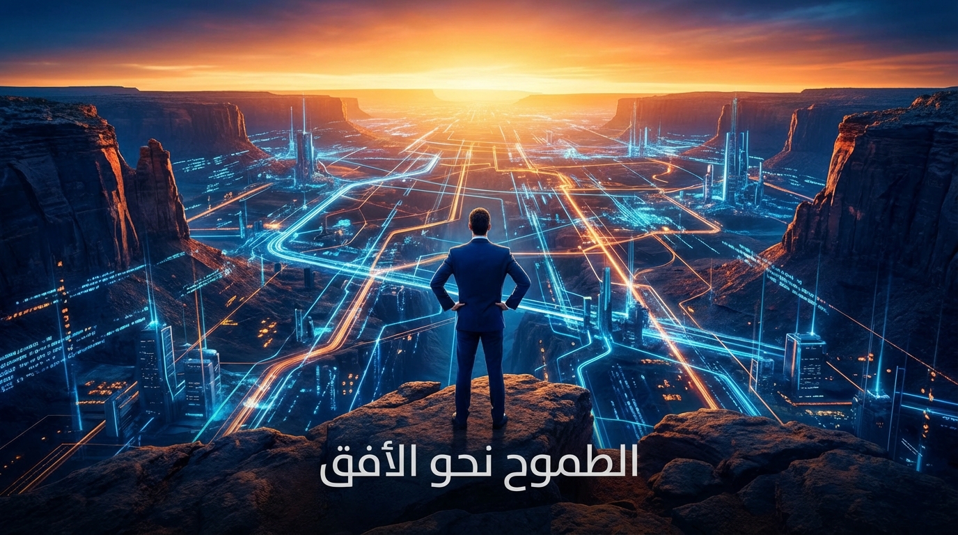 رجل يقف على صخرة تطل على وادٍ واسع يضم مدينة مستقبلية مضيئة بالأضواء الزرقاء والبرتقالية، تحت سماء غروب الشمس المشعة.