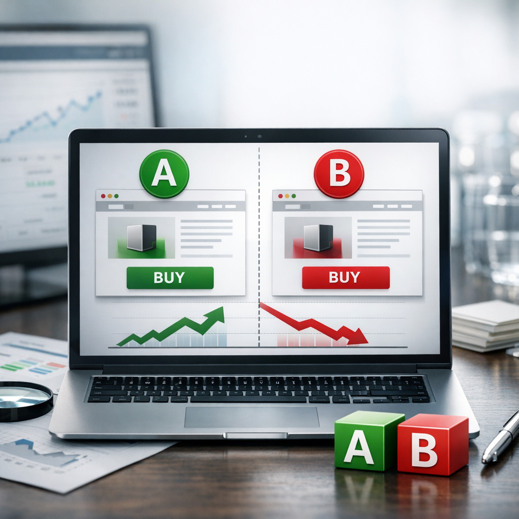 Create a high-end, photorealistic blog featured image for the section: 'الاختبار المنهجي: مفتاح النمو المستدام (A/B Testing)'.
Context: Article Topic is 'تحسين معدل التحويل (CRO) في متجر سلة: خطوات عملية'. content snippet: الاختبار المنهجي: مفتاح النمو المستدام وتحليل البيانات
التحسين المنهجي لمعدل التحويل... 
Design Guidelines:
1. Style: Modern, clean, professional, and photorealistic. No cartoons.
2. Text: MINIMAL to NO text. If text is absolutely necessary, it MUST be in the SAME language as the section title ('الاختبار المنهجي: مفتاح النمو المستدام (A/B Testing)').
3. Relevance: Visually represent the core concept of the section title.
